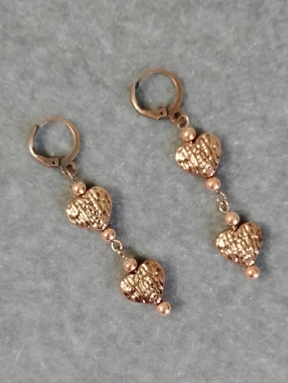 Hand Crafted Antique Copper Textured Heart Drop Earrings